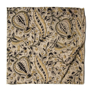 Black and Yellow Kalamkari Handblock Printed Cotton fabric with floral print