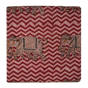 Red and Off White Kalamkari Handblock Printed Cotton fabric with elephant print