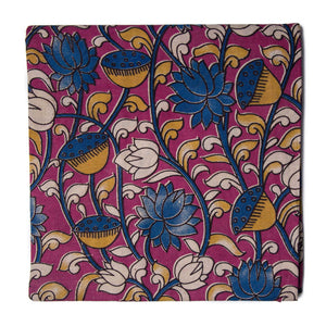 Pink and Blue Screen Printed Kalamkari Cotton Fabric with Floral print