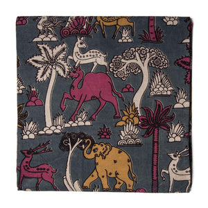 Grey Screen Printed Kalamkari Cotton Fabric with animal print