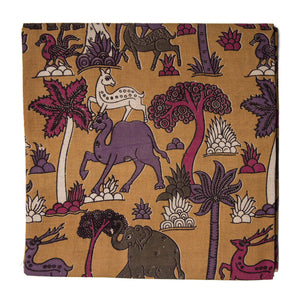 Yellow Screen Printed Kalamkari Cotton Fabric with animal print