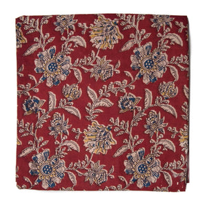 Red and Off white Screen Printed Kalamkari Cotton Fabric with Floral print