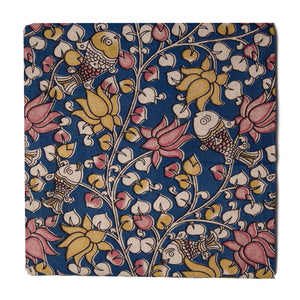 Blue and Yellow Screen Printed Kalamkari Cotton Fabric with Fish and Floral print