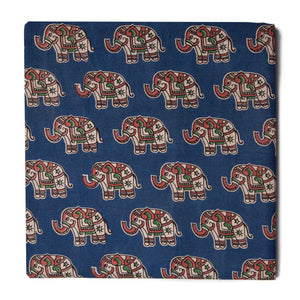 Blue Screen Printed Kalamkari Cotton Fabric with Elephant print