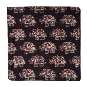 Black Screen Printed Kalamkari Cotton Fabric with Elephant print