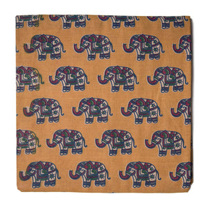 Yellow Screen Printed Kalamkari Cotton Fabric with Elephant print