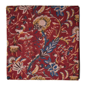 Red Screen Printed Kalamkari Cotton Fabric with Floral print