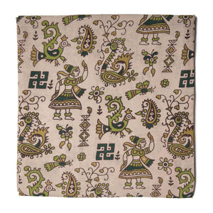 Green and Off white Screen Printed Kalamkari Cotton Fabric with Human Figures and Animal print