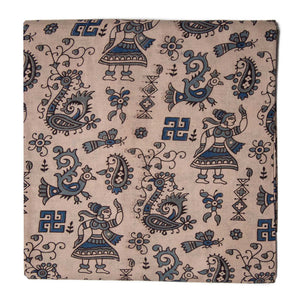 Blue and Off white Screen Printed Kalamkari Cotton Fabric with Human Figures and Animal print