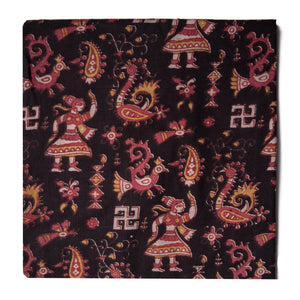 Black and Red Screen Printed Kalamkari Cotton Fabric with Human Figures and Animal print