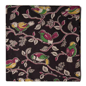 Black Screen Printed Kalamkari Cotton Fabric with Bird print