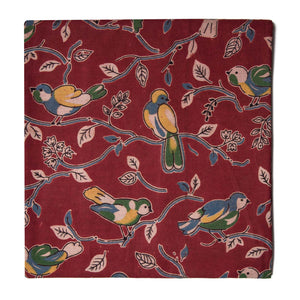 Red Screen Printed Kalamkari Cotton Fabric with Bird print