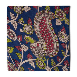 Blue Floral Kalamkari Screen Printed Cotton Fabric with Peacock design 