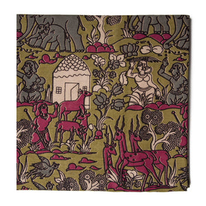 Green and Pink Kalamkari Screen Printed Cotton Fabric with Animal print