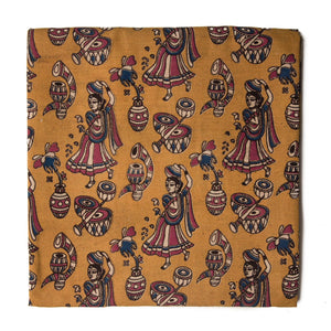 Yellow and Pink Kalamkari Screen Printed Cotton Fabric with human figures