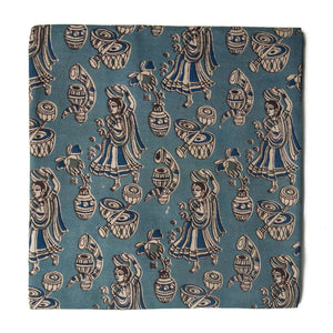 Blue and off white Kalamkari Screen Printed Cotton Fabric with human figures