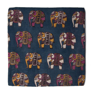 Blue Kalamkari Screen Printed Cotton Fabric with elephant print