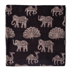 Black and white Kalamkari Screen Printed Cotton Fabric with peacock and elephant print
