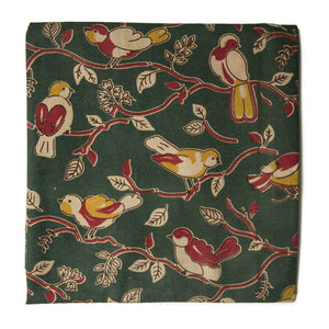 Grey and Red Kalamkari Screen Printed Cotton Fabric with bird print