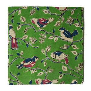 Green and off whte Kalamkari Screen Printed Cotton Fabric with bird print