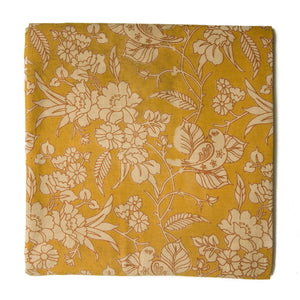 Yellow and off white Kalamkari Screen Printed Cotton Fabric with floral and bird print
