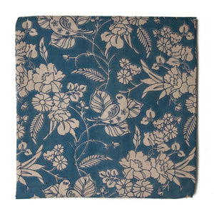 Blue and off white Kalamkari Screen Printed Cotton Fabric with floral and bird print