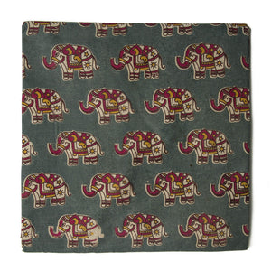 Grey and Red Kalamkari Screen Printed Cotton Fabric with elephant print