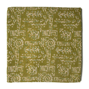 Green and off white Kalamkari Screen Printed Cotton Fabric with floral and abstract print