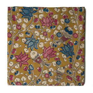 Yellow and Pink Kalamkari Screen Printed Cotton Fabric with floral and fish print