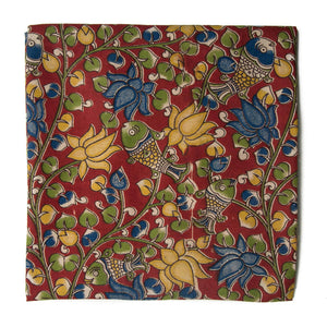 Red and Yellow Kalamkari Screen Printed Cotton Fabric with floral and fish print