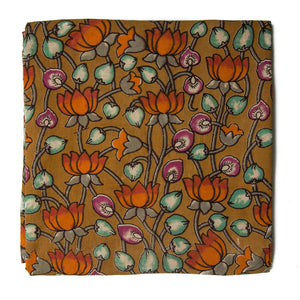 Yellow and Orange Kalamkari Screen Printed Cotton Fabric with floral print