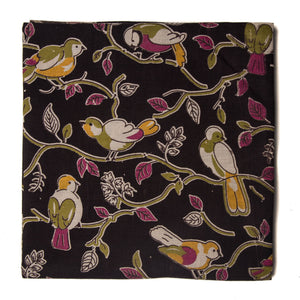 Black Kalamkari Screen Printed Cotton Fabric with bird print