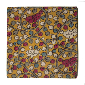 Yellow and Grey Kalamkari Screen Printed Cotton Fabric with floral print