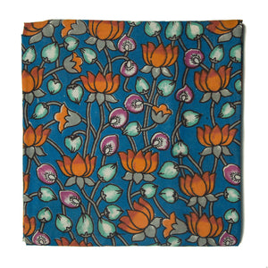 Blue and orange Kalamkari Screen Printed Cotton Fabric with floral print