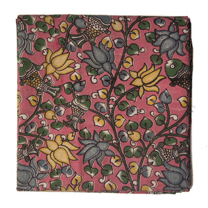 Pink and blue Kalamkari Screen Printed Cotton Fabric with floral and fish design
