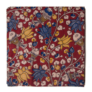 Red and yellow Kalamkari Screen Printed Cotton Fabric with floral and fish design