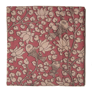 Pink and off white Kalamkari Screen Printed Cotton Fabric with floral and fish design