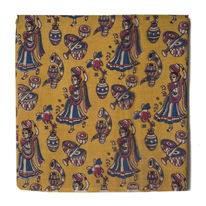 Yellow and blue Kalamkari Screen Printed Cotton Fabric with lady and musical instruments design