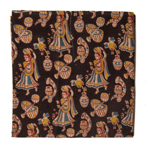 Black and yellow Kalamkari Screen Printed Cotton Fabric with lady and musical instruments design