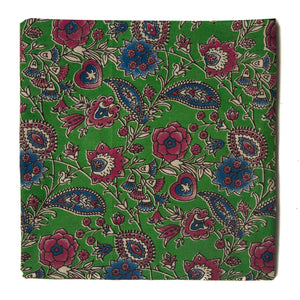 Green and pink Kalamkari Screen Printed Cotton Fabric with floral design