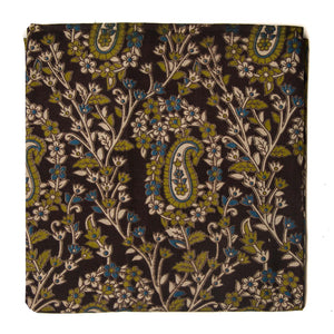 Black and green Kalamkari Screen Printed Cotton Fabric with floral and paisley design
