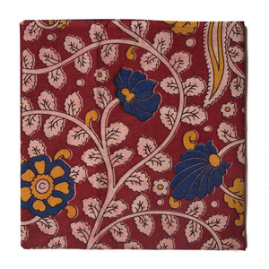 Red and Off White Kalamkari Screen Printed Cotton Fabric with floral  design