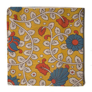 Yellow and Off white Kalamkari Screen Printed Cotton Fabric with floral  design