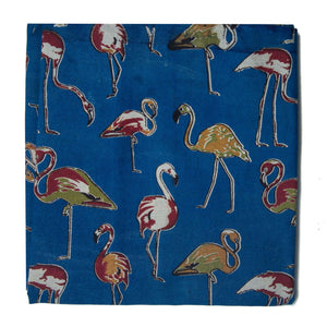 Blue Kalamkari Screen Printed Cotton Fabric with flamingo bird design