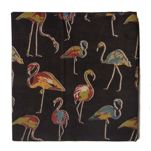 Black and Multicolor Kalamkari Screen Printed Cotton Fabric with flamingo bird design
