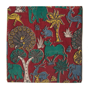 Red and Green Kalamkari Screen Printed Cotton Fabric with floral and animal design