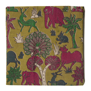 Green and pink Kalamkari Screen Printed Cotton Fabric with floral and animal design