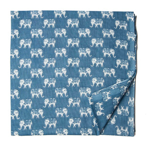 Blue and White Multicolour Printed Cotton fabric with Elephant print