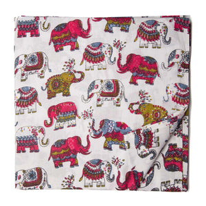 Multicolour Red and Blue Screen Printed Pure cotton fabric with elephant design