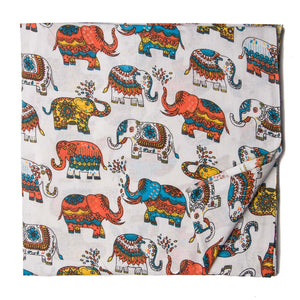 Multicolour Red and Blue Screen Printed Pure cotton fabric with elephant design